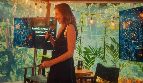 Fabíola Carvalho ao microfone em uma imersão, entre plantas e luzes